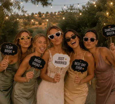 Braut und Freundinnen haben Spaß mit Fotobox auf einer Hochzeit in Karlsruhe
