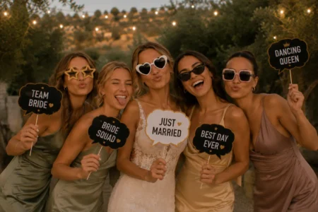 Braut und Freundinnen haben Spaß mit Fotobox auf einer Hochzeit in Karlsruhe